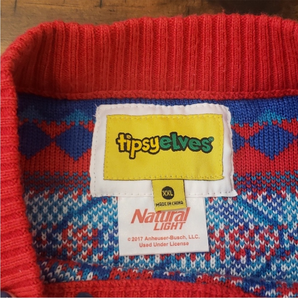 TIPSY ELVES UGLY CHRISTMAS SWEATER  NATURAL LIGHT BEER SWEATER - Picture 3 of 4